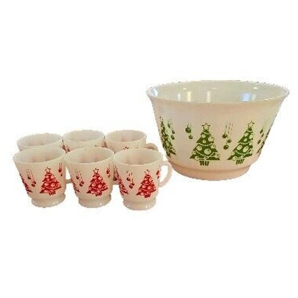 Hazel Atlas Holiday Punch Bowl Set Mugs Cups Milk Glass Christmas Tree MCM 50s